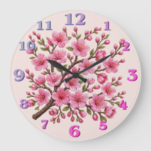 Grande Horloge Ronde Illustration de branche de sakura brodée en faux 3
