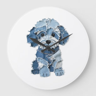Grande Horloge Ronde Illustration de chien en patchwork de denim mignon