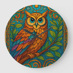 Grande Horloge Ronde Illustration de chouette d'art folklorique mystiqu