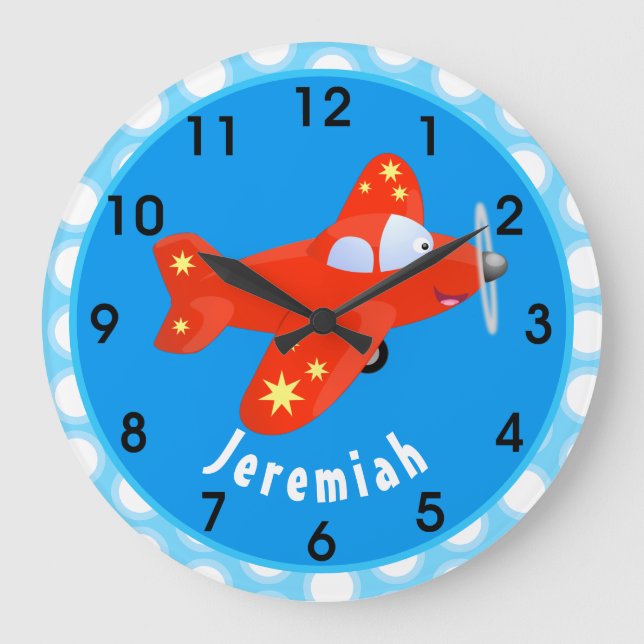 Grande Horloge Ronde Illustration de dessin animé sur l'avion volant d' (Recto)
