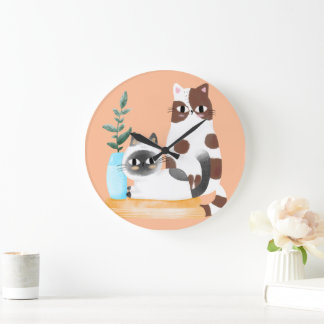 Grande Horloge Ronde Illustration de duo de chats Kawaii mignons | Chat