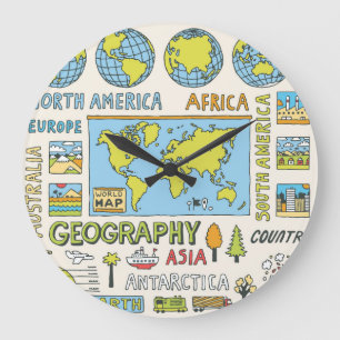 Grande Horloge Ronde Illustration de la géographie Vintage dessinée à l