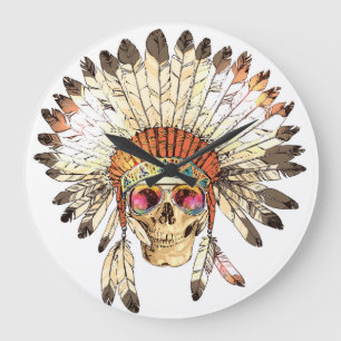 Grande Horloge Ronde Illustration de mode crâne amérindien