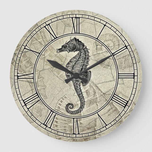 Grande Horloge Ronde Illustration du cheval de mer vintage (Recto)