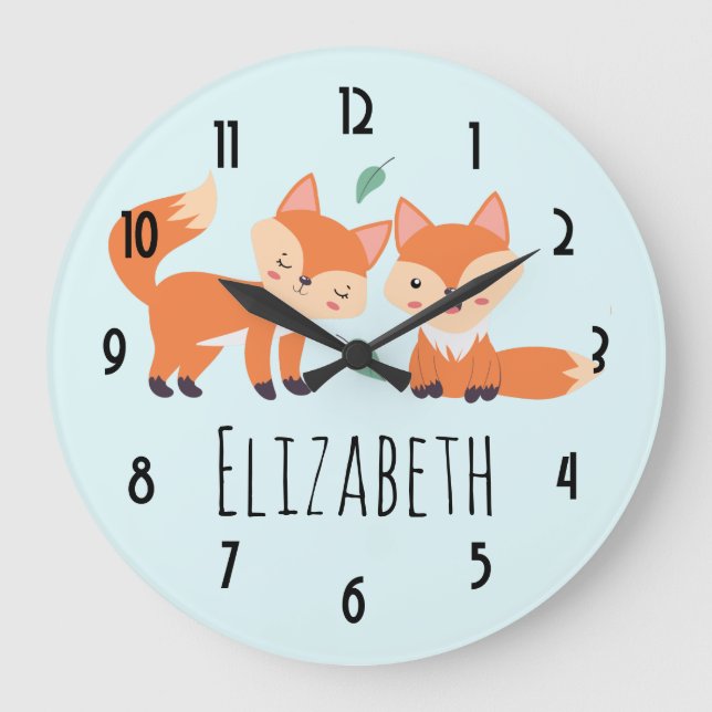 Grande Horloge Ronde Illustration graphique des renards orange mignons (Recto)