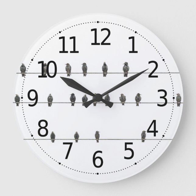 Grande Horloge Ronde Illustration simple d'oiseaux sur les fils dessiné (Recto)