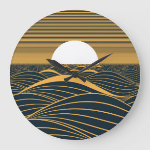 Grande Horloge Ronde Illustration stylisée du soleil-lune, mer sombre.