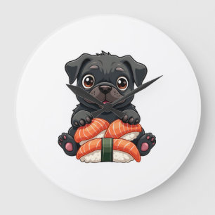 Grande Horloge Ronde Illustration vectorielle de sushi de pug noir mign