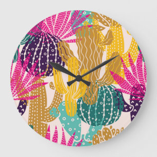 Grande Horloge Ronde Illustration Vintage Cactus sans joint.