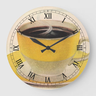 Grande Horloge Ronde Illustration vintage café dans une tasse jaune