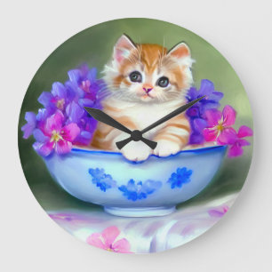 Grande Horloge Ronde Illustration vintage de chaton orange et blanc