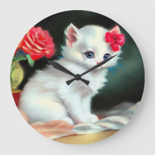 Grande Horloge Ronde Illustration vintage de Kitten blanc avec fleurs r