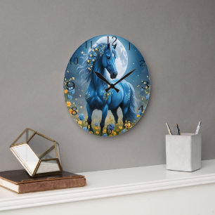 Grande Horloge Ronde Imaginaire Bleu Magique Cheval Lune Fleurs,