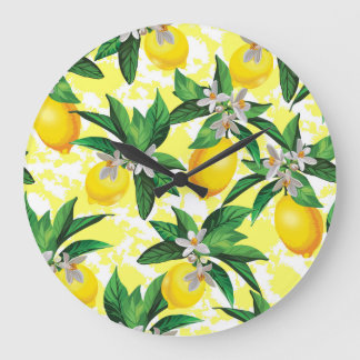 Grande Horloge Ronde Imaginaire citron : Motif Floral Créatif