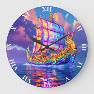 Grande Horloge Ronde Imaginaire Couleurs arc-en-ciel mignon navire