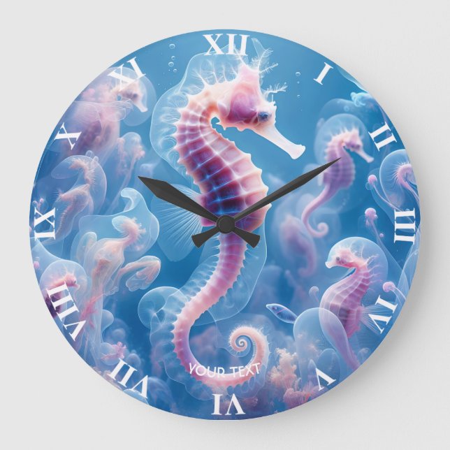 Grande Horloge Ronde Imaginaire Cute Sea Seahorse Plantes (Recto)