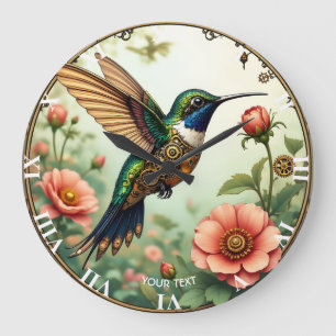 Grande Horloge Ronde Imaginaire Cute Steampunk Fleurs d'oiseaux