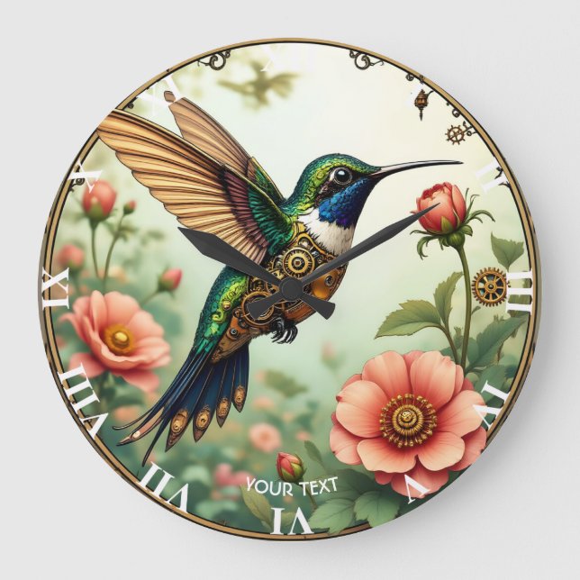Grande Horloge Ronde Imaginaire Cute Steampunk Fleurs d'oiseaux (Recto)
