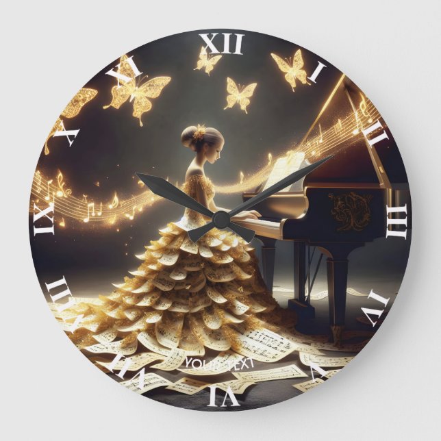 Grande Horloge Ronde Imaginaire fille mignonne Jouer Piano (Recto)