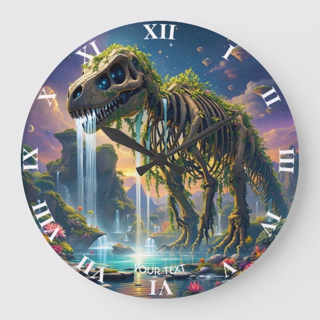 Grande Horloge Ronde Imaginaire Joli Squelette Dinosaure Jardin (Recto)