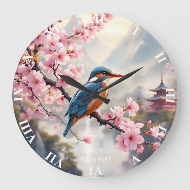 Grande Horloge Ronde Imaginaire mignon Sakura Bleu d'oiseau (Recto)