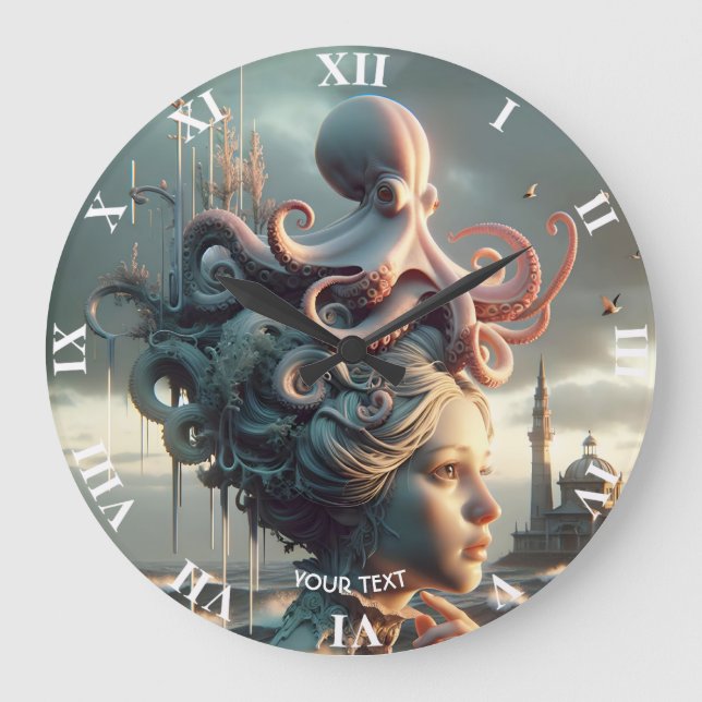 Grande Horloge Ronde Imaginaire mignonne fille Octopus Mer (Recto)