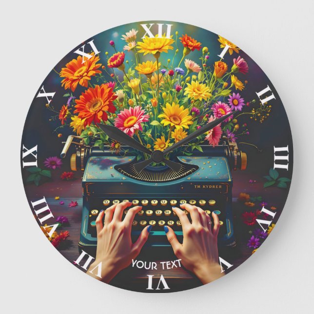 Grande Horloge Ronde Imaginaire mignonne machine à écrire Fleurs mains (Recto)