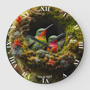 Grande Horloge Ronde Imaginaire mignonne Vivid Hummingbird Nest Moss