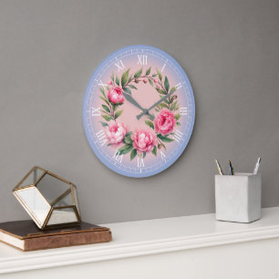 Grande Horloge Ronde Impression d'art Couronne de pivoines aquarelle