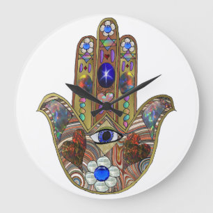 Grande Horloge Ronde Impression d'art opale cœurs Hamsa Judaica