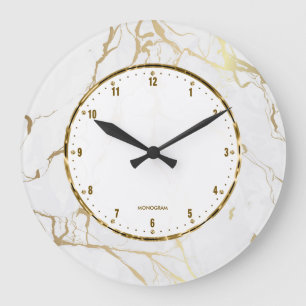 Grande Horloge Ronde Impression de Marbre blanc avec craquelures d'or