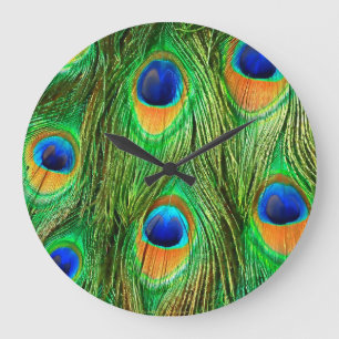 Grande Horloge Ronde Impression de plumes de paon colorées