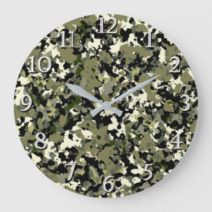 Grande Horloge Ronde Impression du motif camouflage vert noir crème