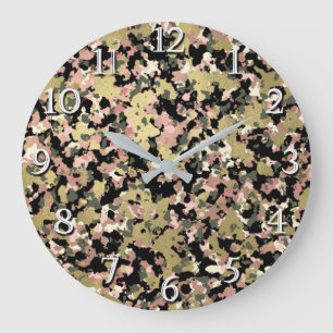 Grande Horloge Ronde Imprimé à motif camouflage noir vert rose or