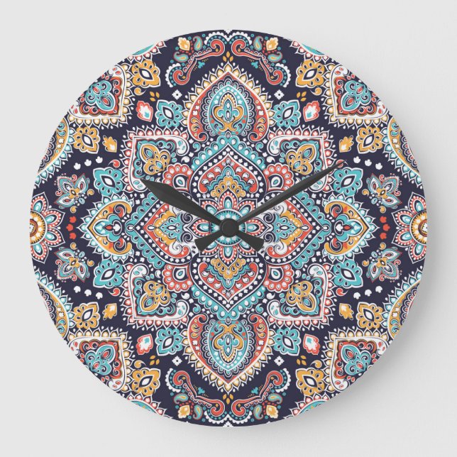 Grande Horloge Ronde Indian Paisley : Motif ethnique mandala (Recto)