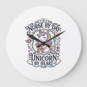 Grande Horloge Ronde Infirmière Licorne de jour Licorne de cœur Fond bl