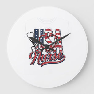 Grande Horloge Ronde Infirmière Patriotique USA Coeur Chemise Stethosco