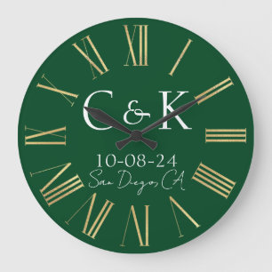 Grande Horloge Ronde Initiales de monogramme sur mariage vert forêt