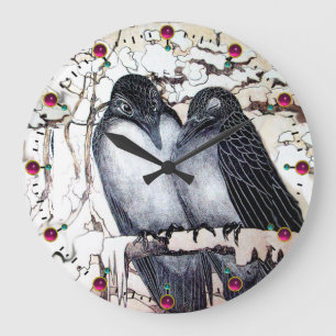 Grande Horloge Ronde INSÉPARABLES D'HIVER DANS LA NEIGE Dessin noir et 