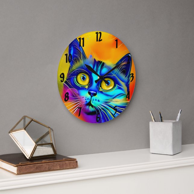 Grande Horloge Ronde Intelligence artificielle visage animal chat (Bureau)