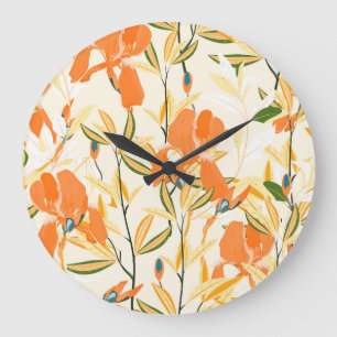 Grande Horloge Ronde Iris orange : motif floral transparent