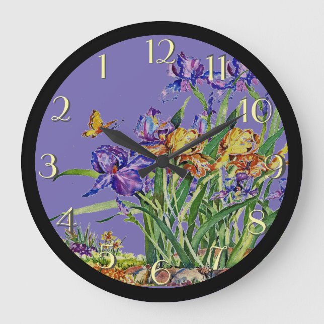 Grande Horloge Ronde Irises sauvages dans l'aquarelle (Recto)
