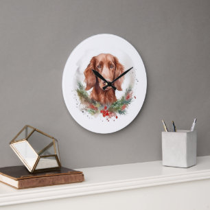 Grande Horloge Ronde Irlandais Red Setter Festive Wreath Pup