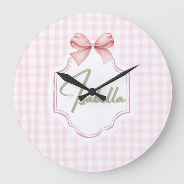 Grande Horloge Ronde Isabella Personnalisé Pink Bow & En vichy Imprimer (Recto)