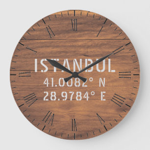 Grande Horloge Ronde Istanbul Latitude et Longitude Bois foncé 