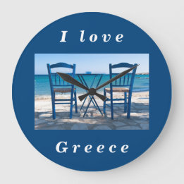 Grande Horloge Ronde J'aime Grèce taverna photo bleu et blanc