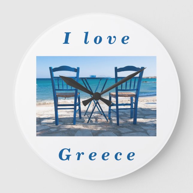 Grande Horloge Ronde J'aime Grèce taverna photo bleu et blanc (Recto)