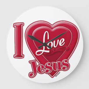 Grande Horloge Ronde J'aime Jésus Cœur Rouge