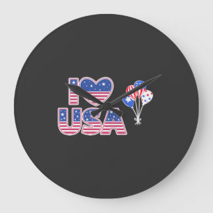 Grande Horloge Ronde J'aime les États-Unis - Cœur de drapeau américain