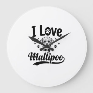 Grande Horloge Ronde J'aime mon design de chien vintage gravure Maltipo